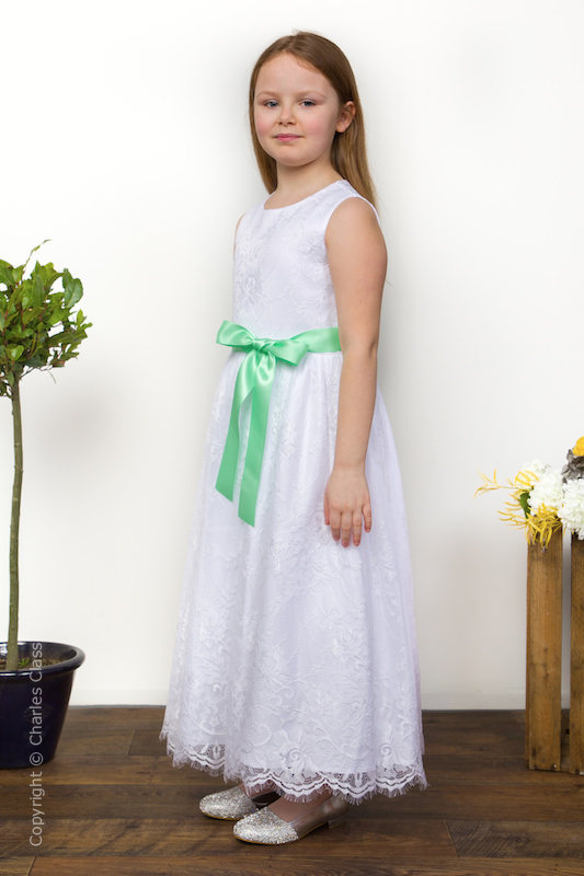 Girls White Eyelash Lace Dress & Mint Green Satin Sash - Harriet