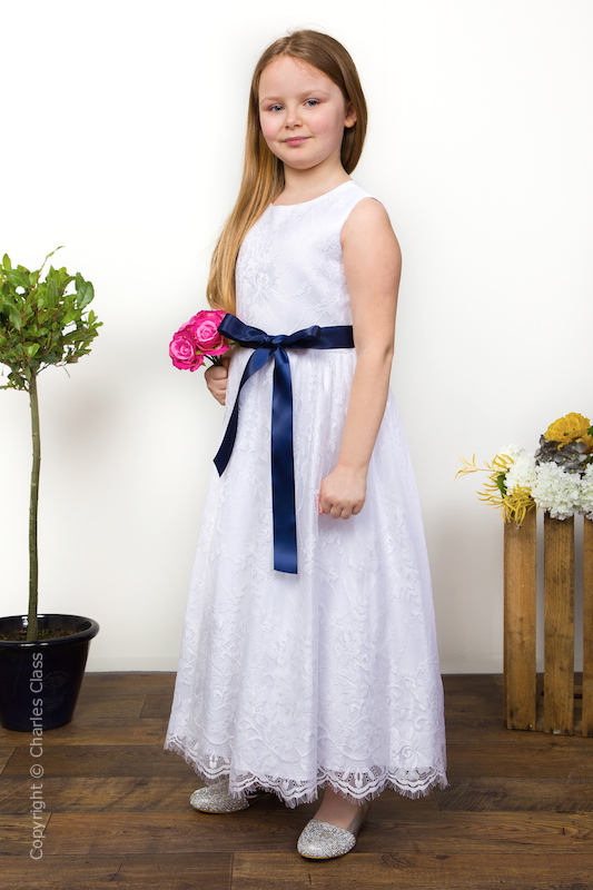 Girls White Eyelash Lace Dress & Navy Satin Sash - Harriet