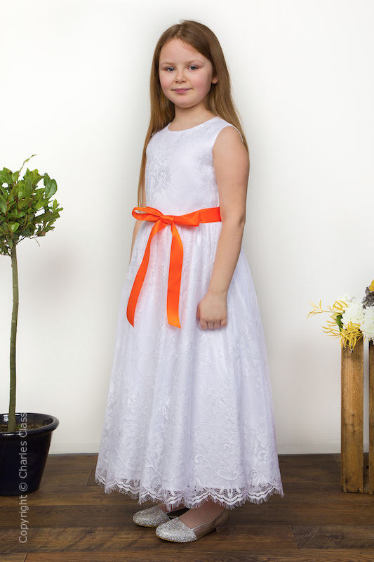 Girls White Eyelash Lace Dress & Orange Satin Sash - Harriet