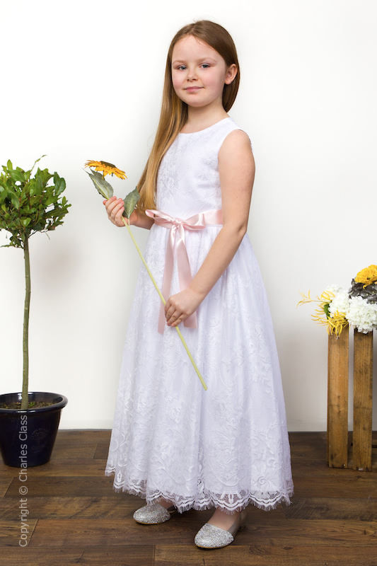 Girls White Eyelash Lace Dress & Pale Pink Satin Sash - Harriet