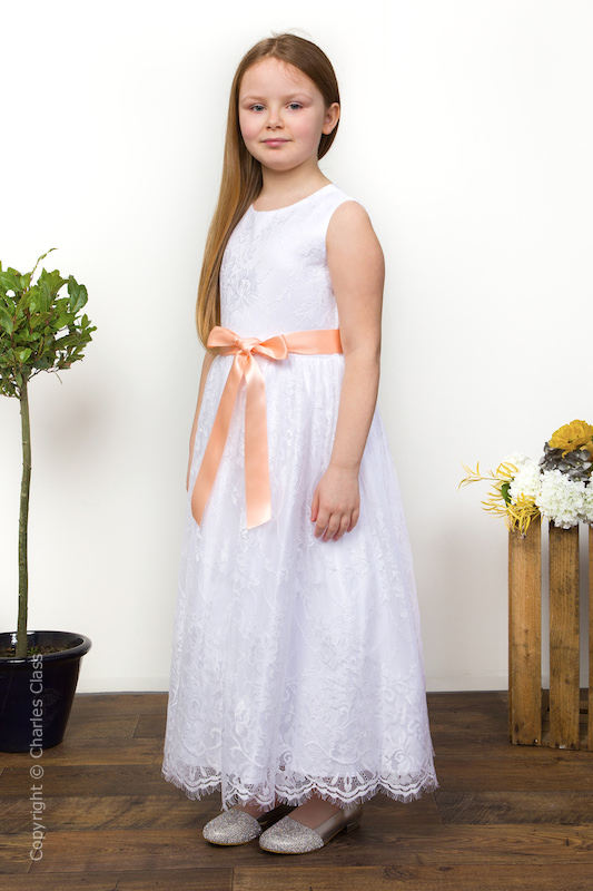 Girls White Eyelash Lace Dress & Peach Satin Sash - Harriet