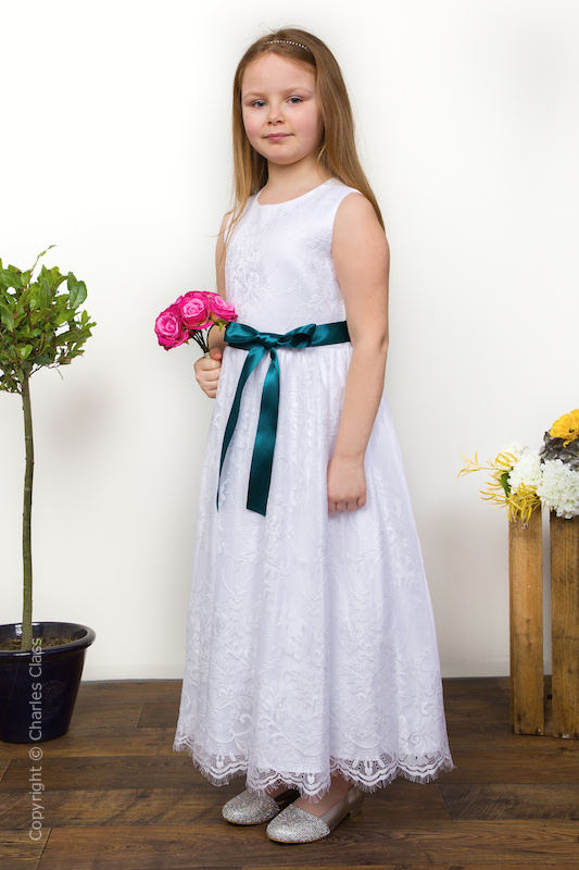 Girls White Eyelash Lace Dress & Petrol Satin Sash - Harriet