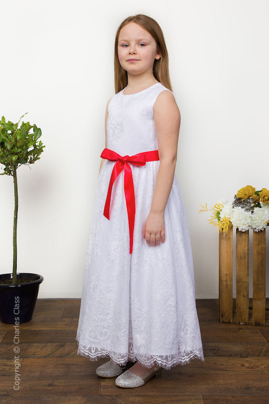 Girls White Eyelash Lace Dress & Red Satin Sash - Harriet