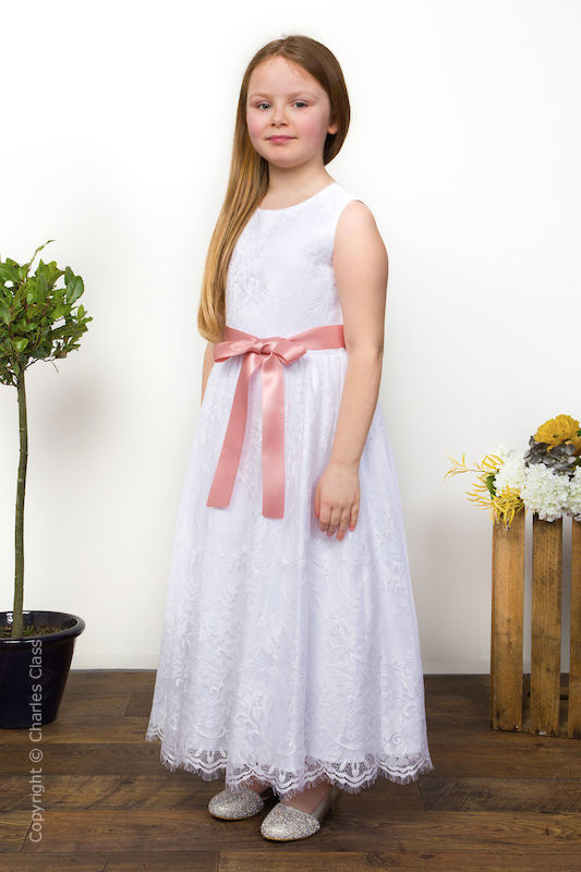 Girls White Eyelash Lace Dress & Rose Gold Satin Sash - Harriet