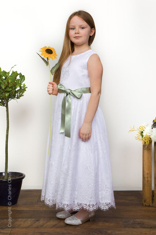 Girls White Eyelash Lace Dress & Sage Satin Sash - Harriet