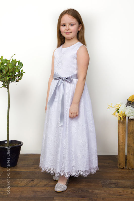 Girls White Eyelash Lace Dress & Silver Satin Sash - Harriet