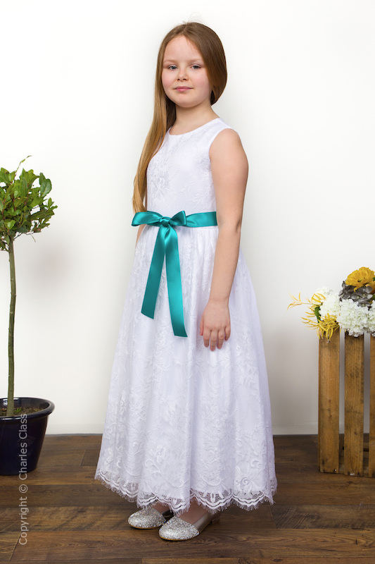 Girls White Eyelash Lace Dress & Teal Satin Sash - Harriet