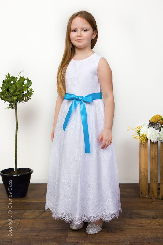 Girls White Eyelash Lace Dress & Turquoise Satin Sash - Harriet