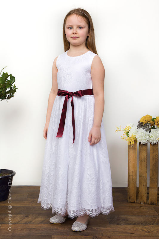 Girls White Eyelash Lace Dress & Wine Satin Sash - Harriet