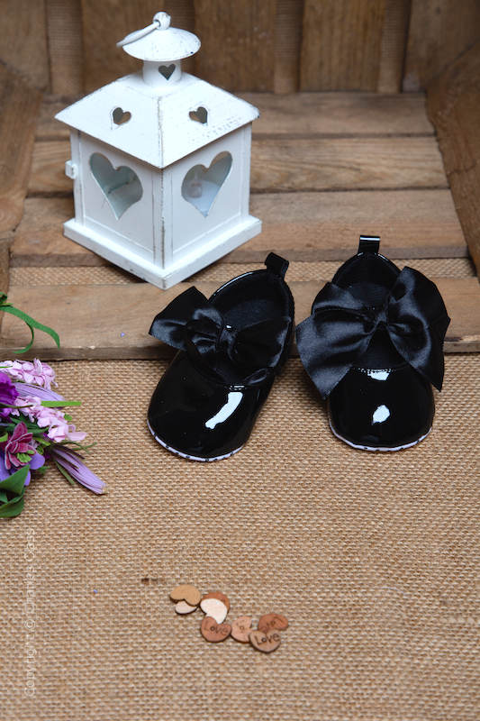 Baby Girls Black Large Bow Shiny Patent 