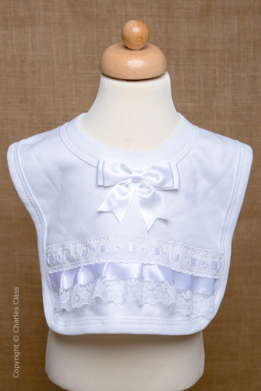 White Wedding Bib with Bow & Lace Trim