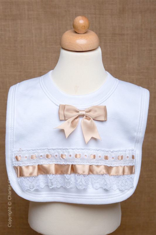 White Wedding Bib with Gold Bow & Lace Trim