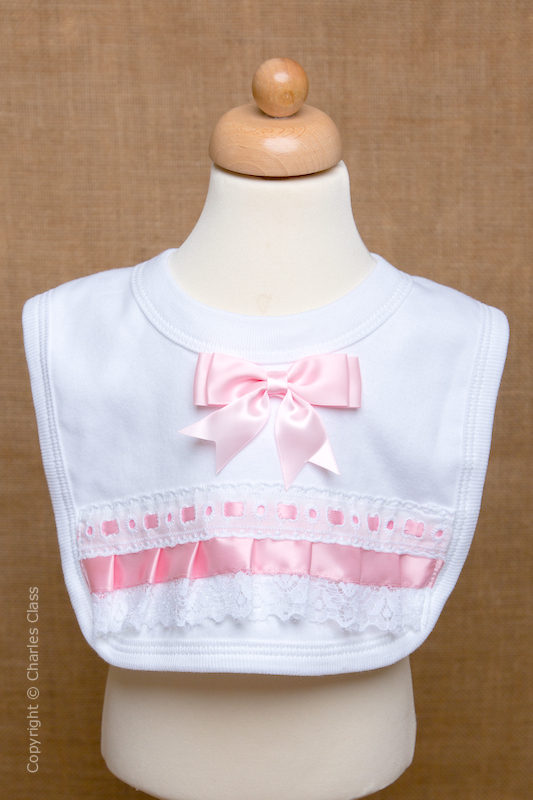 White Wedding Bib with Light Pink Bow & Lace Trim