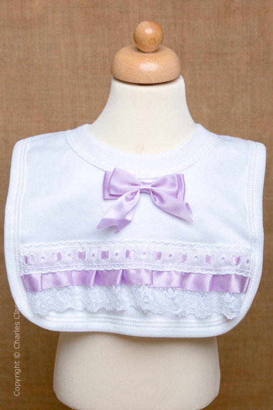 White Wedding Bib with Lilac Bow & Lace Trim