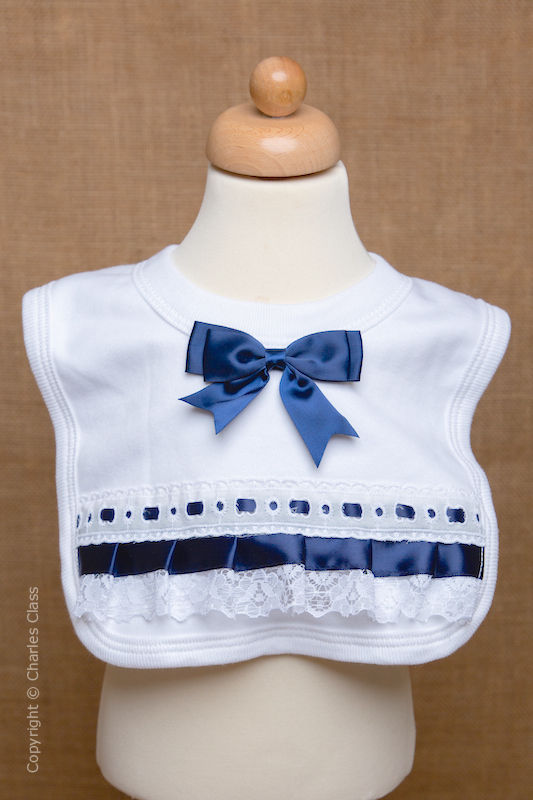 White Wedding Bib with Navy Bow & Lace Trim