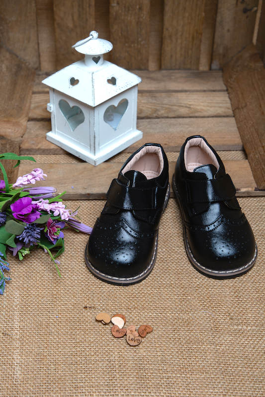 Boys Black Matt Brogue Leather Velcro Shoes