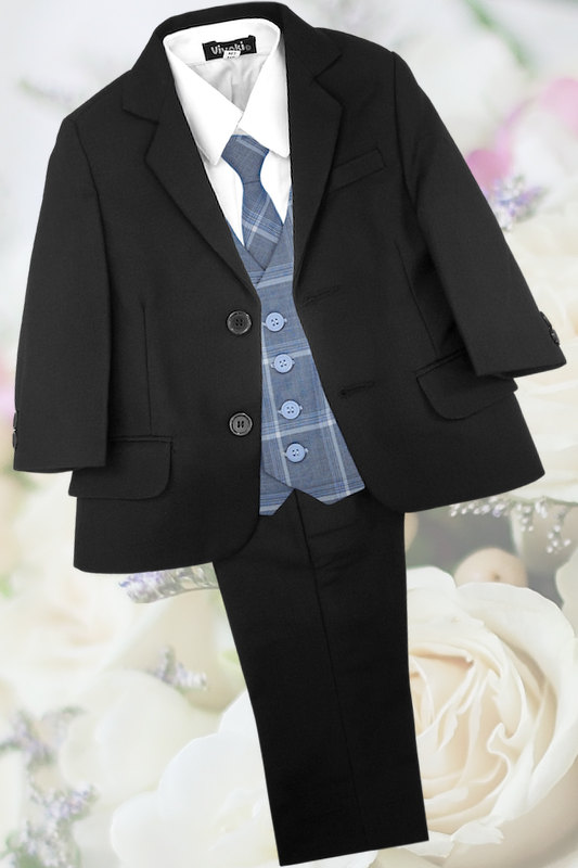 Boys Black Suit with Blue Chambray Tartan Check Waistcoat - Riley