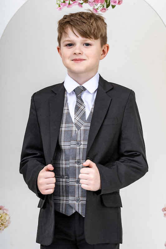 Boys Black Jacket Suit with Grey Tartan Check Waistcoat Charles Class