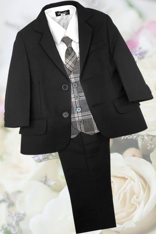 Boys Black Suit with Grey Tartan Check Waistcoat - Dylan