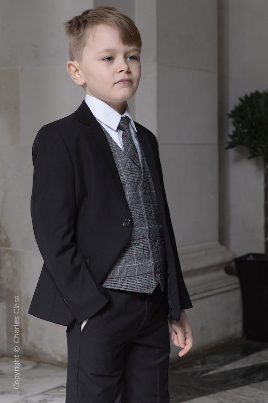 Boys Black Suit with Red Check Tweed Waistcoat | Boys Wedding Suit