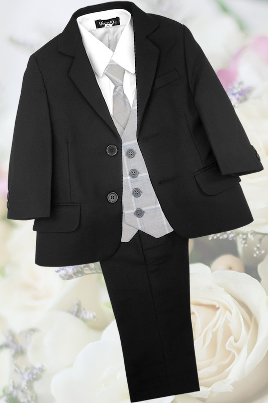 Boys Black Suit with Light Grey Tartan Check Waistcoat - Isaac