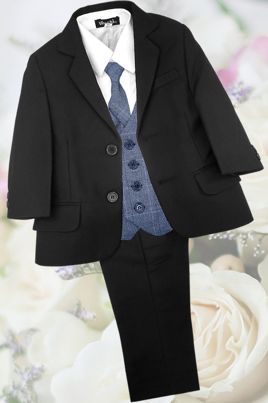 Boys Black Suit with Navy Check Tweed Waistcoat - Archie