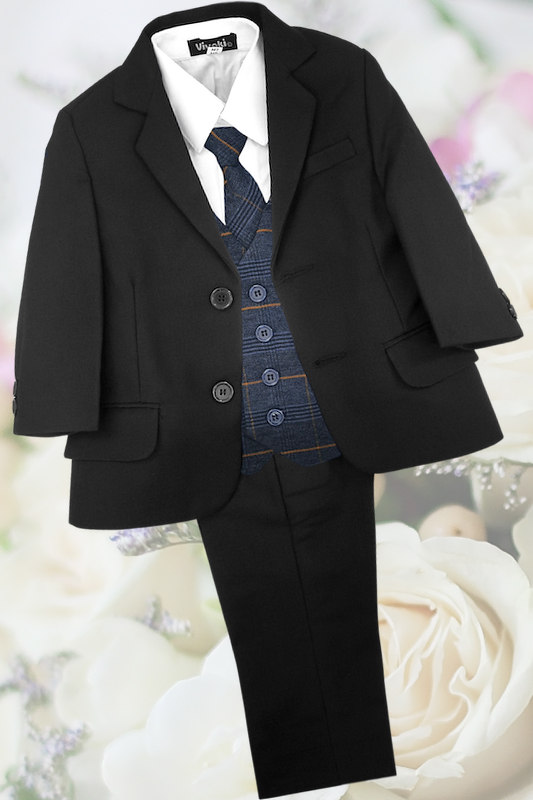 Boys Black Suit with Navy Tartan Check Tweed Waistcoat - Louie