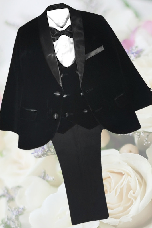 Boys Black Velvet Double Breasted Tuxedo Suit - Vincent