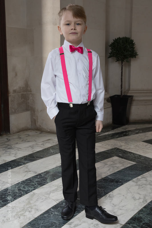 Boys Black Trouser Suit with Hot Pink Braces Boys Wedding Suit