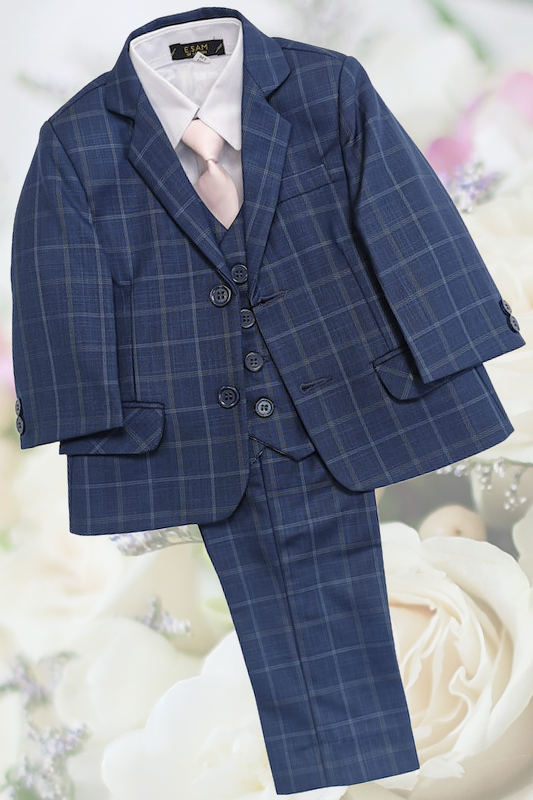 Boys Dark Blue Check Jacket Suit - Alfie