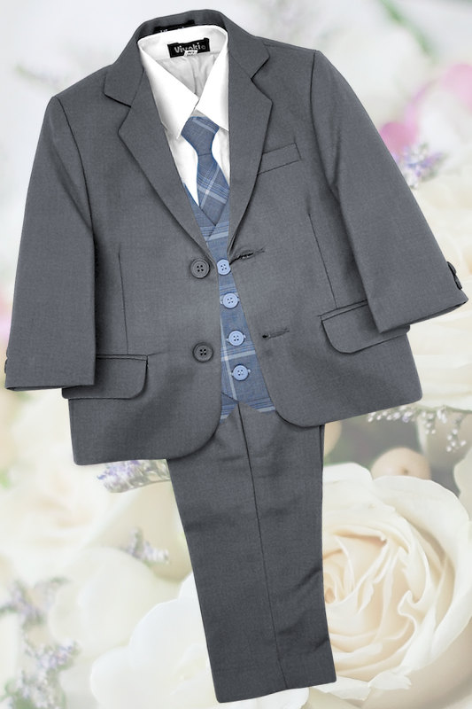 Boys Grey Suit with Blue Chambray Tartan Check Waistcoat - Logan