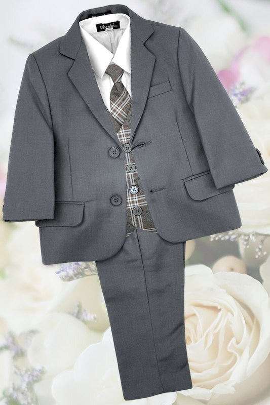 Boys Grey Suit with Grey Tartan Check Waistcoat - Harrison