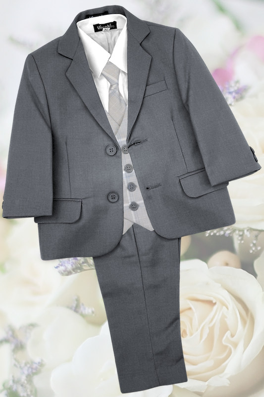 Boys Grey Suit with Light Grey Tartan Check Waistcoat - Elliot