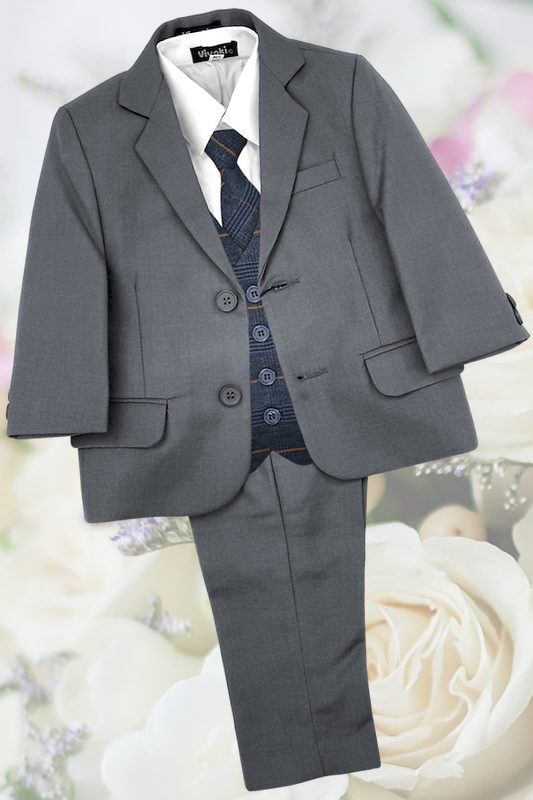 Boys Grey Suit with Navy Tartan Check Tweed Waistcoat - Dexter