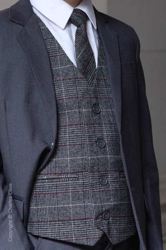 Boys Grey Tweed Red Tartan Check Waistcoat Boys Tweed Waistcoat