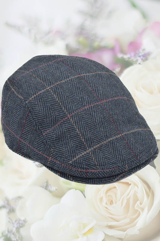 Older Boys Navy Herringbone Tweed Large Check Flat Cap