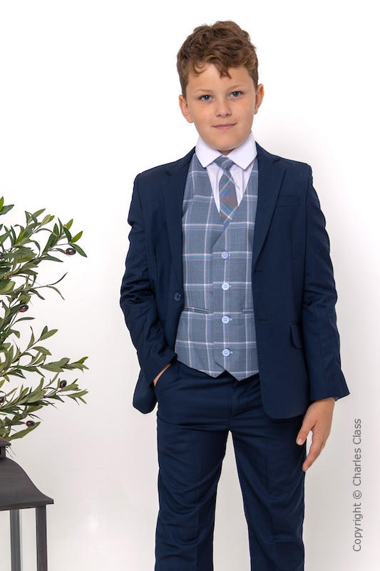 Boys Navy Suit with Blue Chambray Tartan Check Waistcoat - Arlo