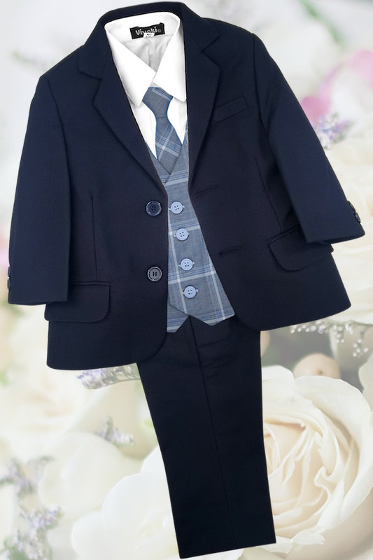 Boys Navy Suit with Blue Chambray Tartan Check Waistcoat - Arlo