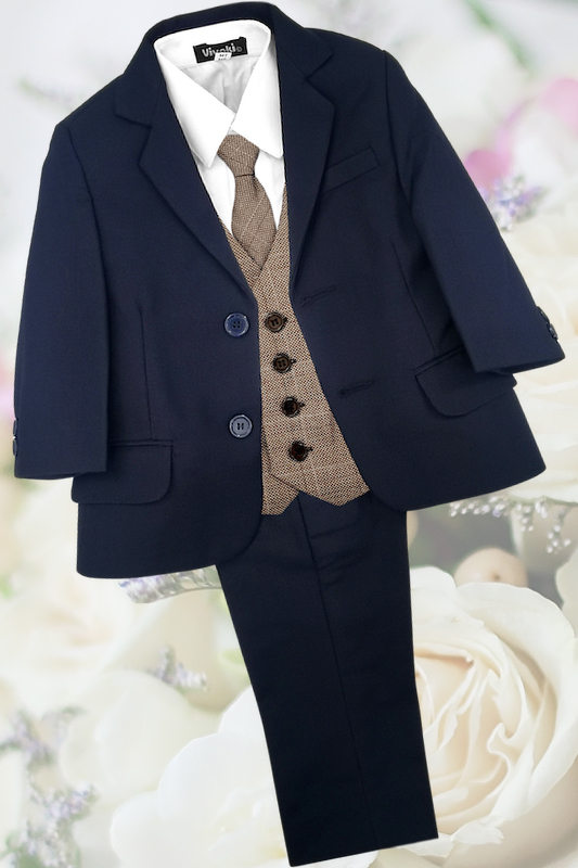 Boys Navy Suit with Brown Check Tweed Waistcoat - Oakley