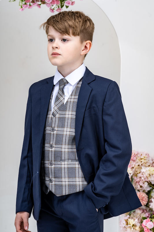 Boys Navy Jacket Suit with Grey Tartan Check Waistcoat Charles Class