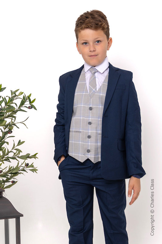 Boys Navy Suit with Light Grey Tartan Check Waistcoat - Reggie