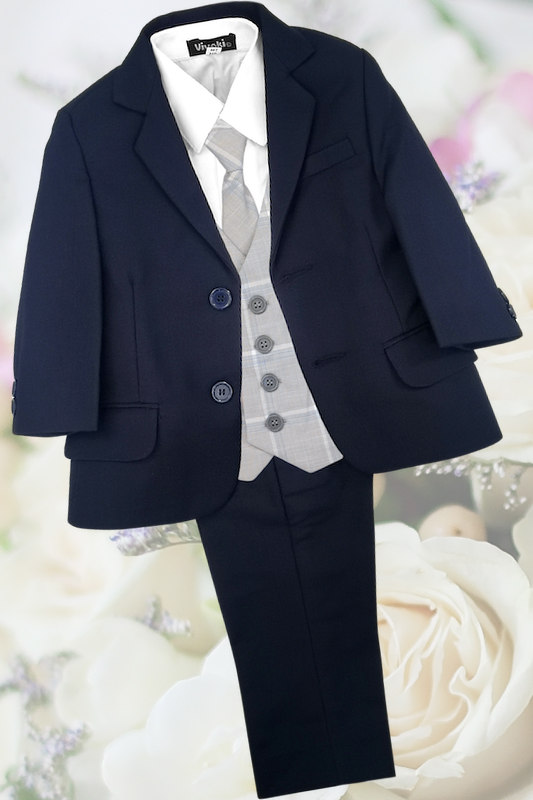 Boys Navy Suit with Light Grey Tartan Check Waistcoat - Reggie