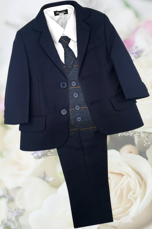 Boys Navy Suit with Navy Tartan Check Tweed Waistcoat - Charlie