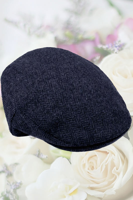 Older Boys Navy Herringbone Tweed Flat Cap