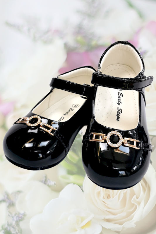 Girls Black Sparkle Diamond Buckle Patent Leather Shoes