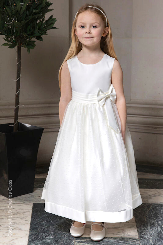 Girls Ivory Bow Flower Girl Dress - Sophia