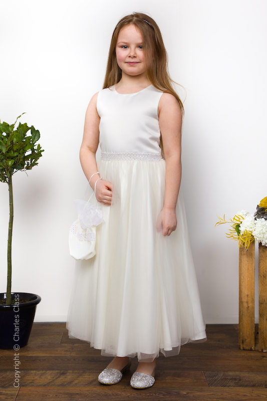 Girls Ivory Diamante Flower Girl Dress & Bag - Elsie