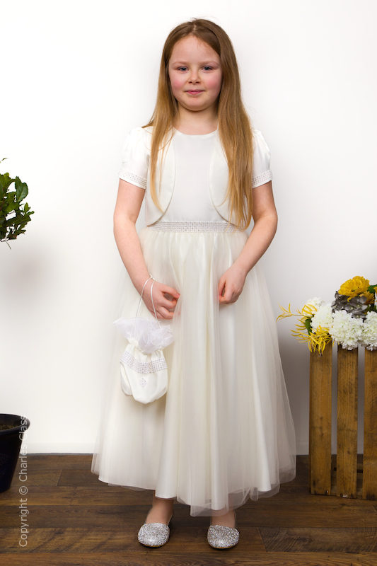 Girls Ivory Diamante Dress & Short Bolero with Bag - Elsie