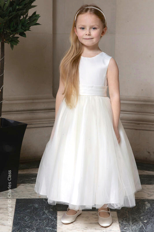 Girls Ivory Diamante Sparkle Organza Flower Girl Dress - Grace