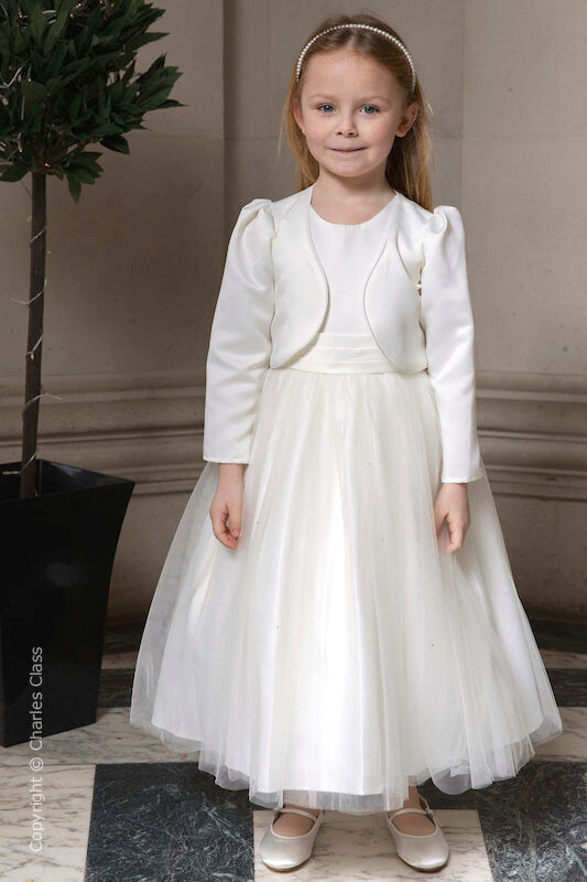 Girls Ivory Diamante Organza Dress with Long Bolero - Grace